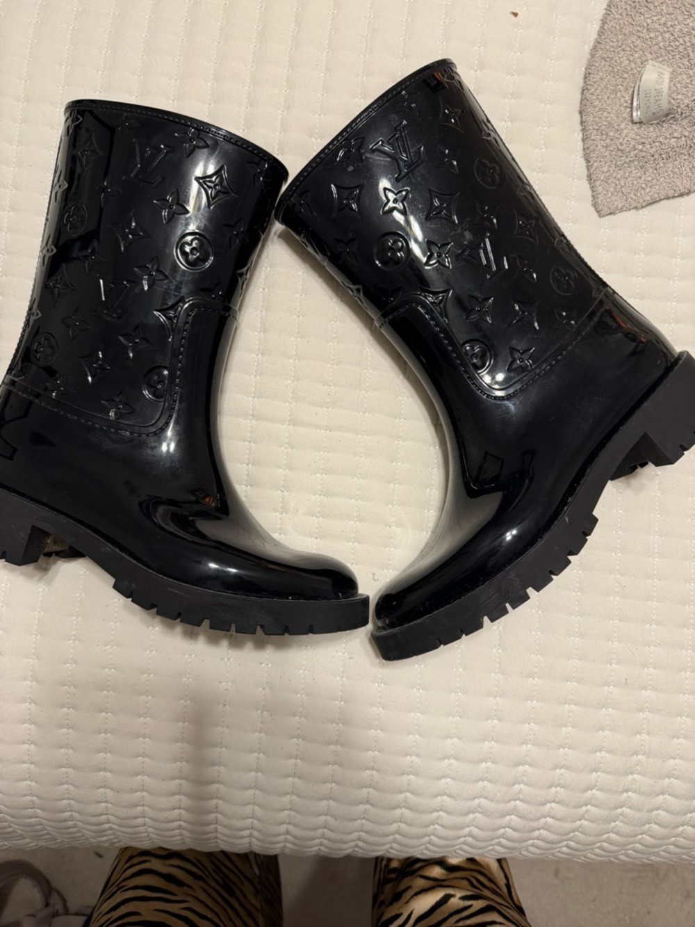 Louis Vuitton Black Patent Monogram Mid-Calf Rain Boots